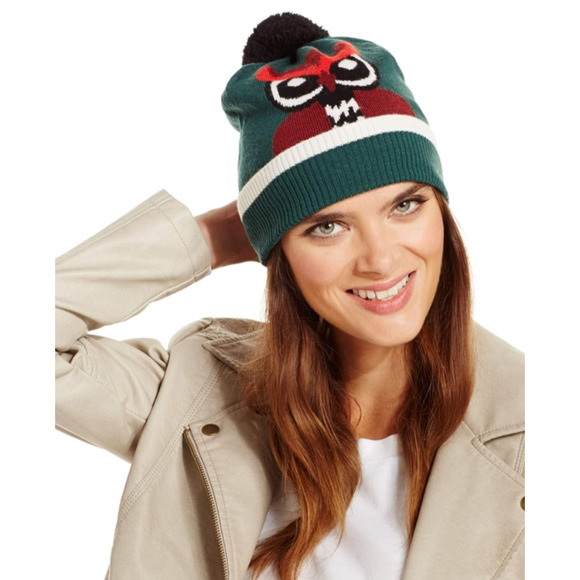 KATE SPADE New York Women\'s Who Me? Owl Beanie 100% Wool Green One Size Hats Off main image 4